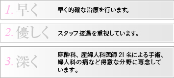 1.早く的確な治療を行います。2.無痛麻酔・無痛治療を差別化技術として特化し、スタッフ接遇を重視しています。3.麻酔、婦人科専門医20名による手術、婦人科感染など得意な分野に専念しています。